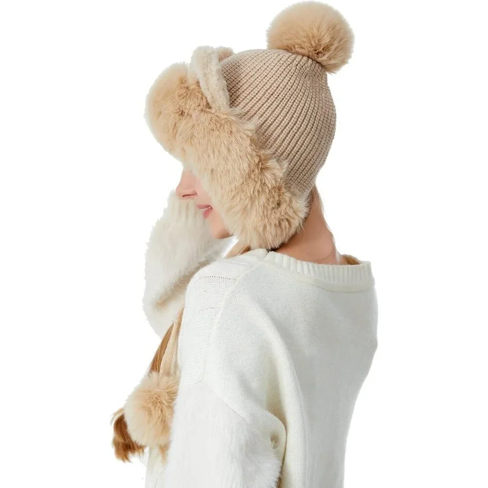 Women Beige Solid Winter Peruvian Cover Ears Beanie Hat Ear Flaps Sherp Ski Snow - Picture 3 of 7